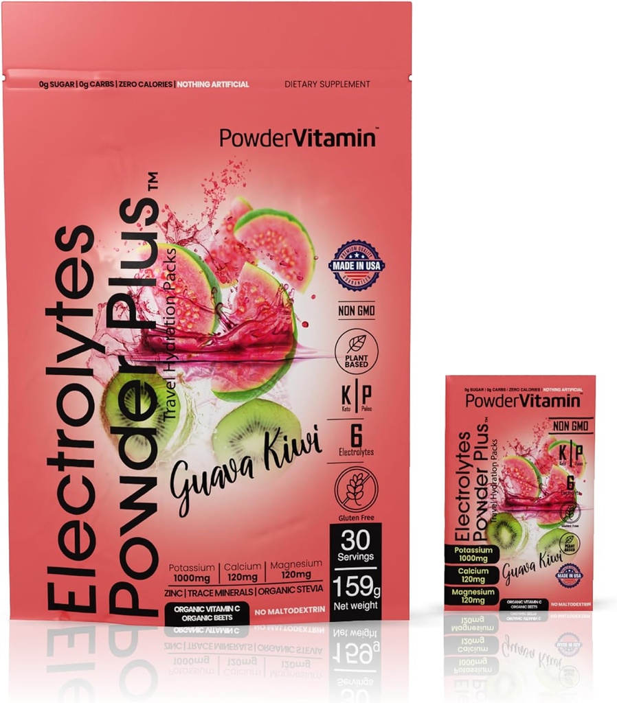 PowderVitamin Ηλεκτρολυτές σκόνης Plus, Keto, Guava Kiwi, Zero Sugar, 1000mg Κάλιο, 120mg Ασβέστιο, 120mg Μαγνήσιο, Μη-GMO, Zero θερμίδες, 30 συσκευασίες ενυδάτωσης