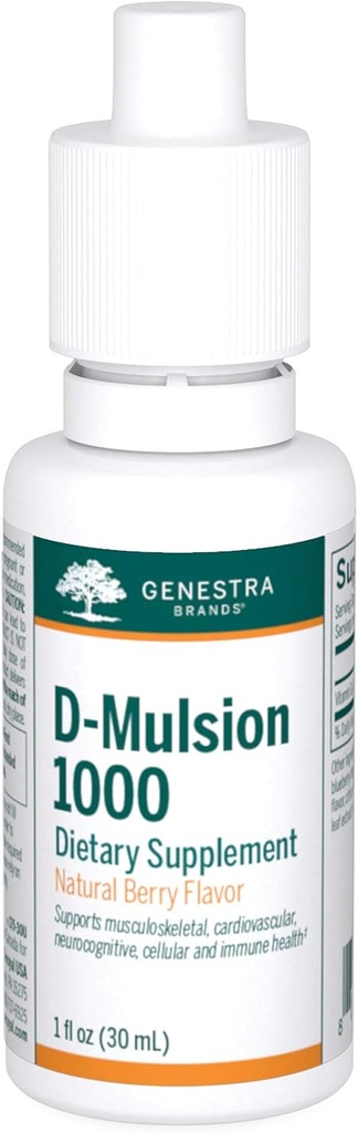 Genestra Brands D-Mulsion 1000 - Συμπλήρωμα υγρής βιταμίνης D - Φυσικό άρωμα μούρου - 1 Fl Oz