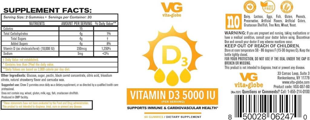 VITA GLOBE Βιταμίνη D3 10.000IU με ψευδάργυρο και Echinacea Gummy - Υποστηρίζει υγιές ανοσοποιητικό σύστημα, ισχυρά οστά, δόντια και μύες, 120 κόμης (2-πακέτο)