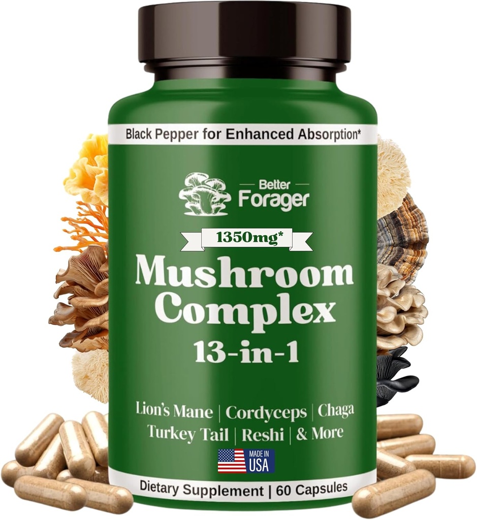 Mushroom Complex Κάψουλες, 13-σε-1 Mushroom Supplement, Lion's Mane, Reishi, Cordyceps, & More, Προωθεί Focus, Clarity, & Memory, Extract Supplement, 1 Μήνας Προμήθεια, 60 Count