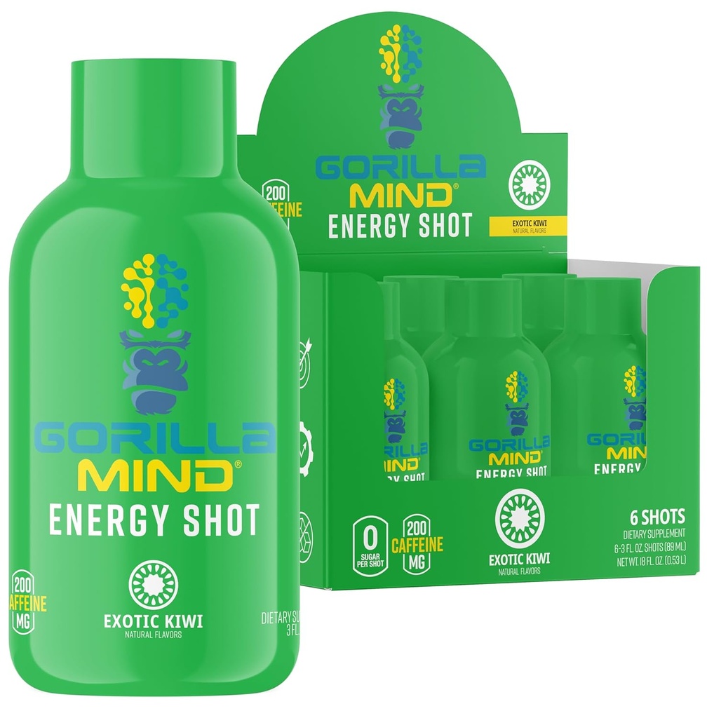 Gorilla Mind Energy Shots (Pack of 6) - Ενισχυμένη εστίαση & ενέργεια, χωρίς ζάχαρη, γρήγορη δράση, ισχυρή φόρμουλα με βιταμίνες & φυσικά εκχυλίσματα (Exotic Kiwi)