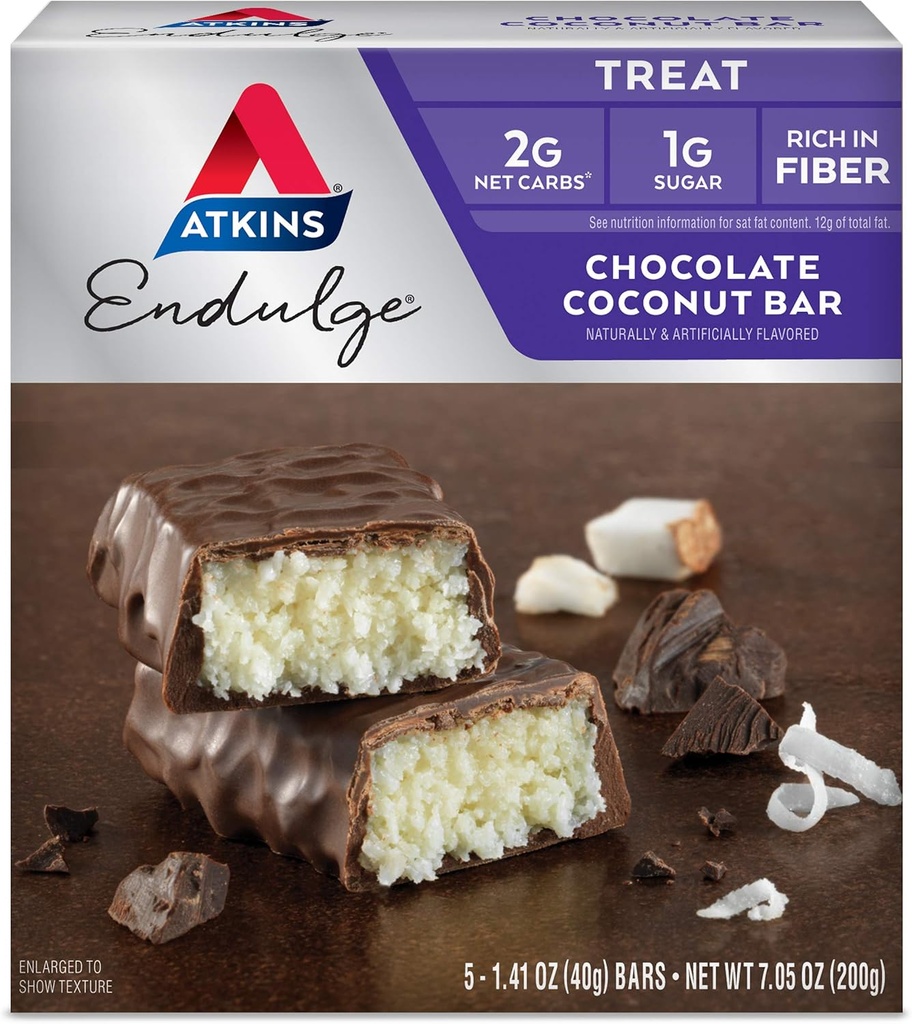 Atkins Endulge Chocolate Coconut Bar, Dessert Favorite, High in Fiber, 1g Sugar, 5 Count