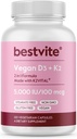 BESTVITE Βιταμίνη Vegan D3 5000 IU + Βιταμίνη K2 100 mcg ως MK-7 (120 Κάψουλες Χορτοφαγικής) - Όχι Στεατικά - Vegan - Μη ΓΤΟ - Χωρίς γλουτένη