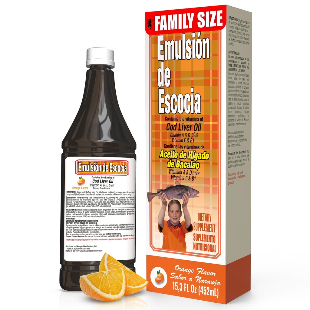 OEMELSION DE ESCOCIA Cod Liver Oil, Συμπλήρωμα διατροφής, Βιταμίνες A, B1, D και E, Υποστήριξη ανοσοποιητικού συστήματος, Πορτοκαλί Γεύση (15,3 Fl Oz/Pack of 1)