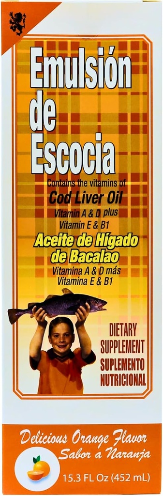 OEMELSION DE ESCOCIA Cod Liver Oil, Συμπλήρωμα διατροφής, Βιταμίνες A, B1, D και E, Υποστήριξη ανοσοποιητικού συστήματος, Πορτοκαλί Γεύση (15,3 Fl Oz/Pack of 1)