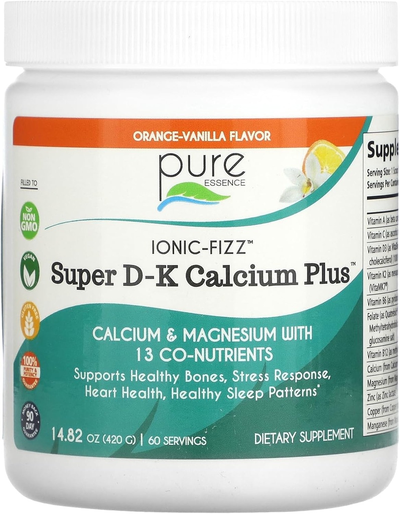Ionic Fizz Super D-K Calcium Plus από την Pure Essence - με Extra Magnesium, Βιταμίνη D3, Βιταμίνη K2 - Orange Vanilla - 14.82oz