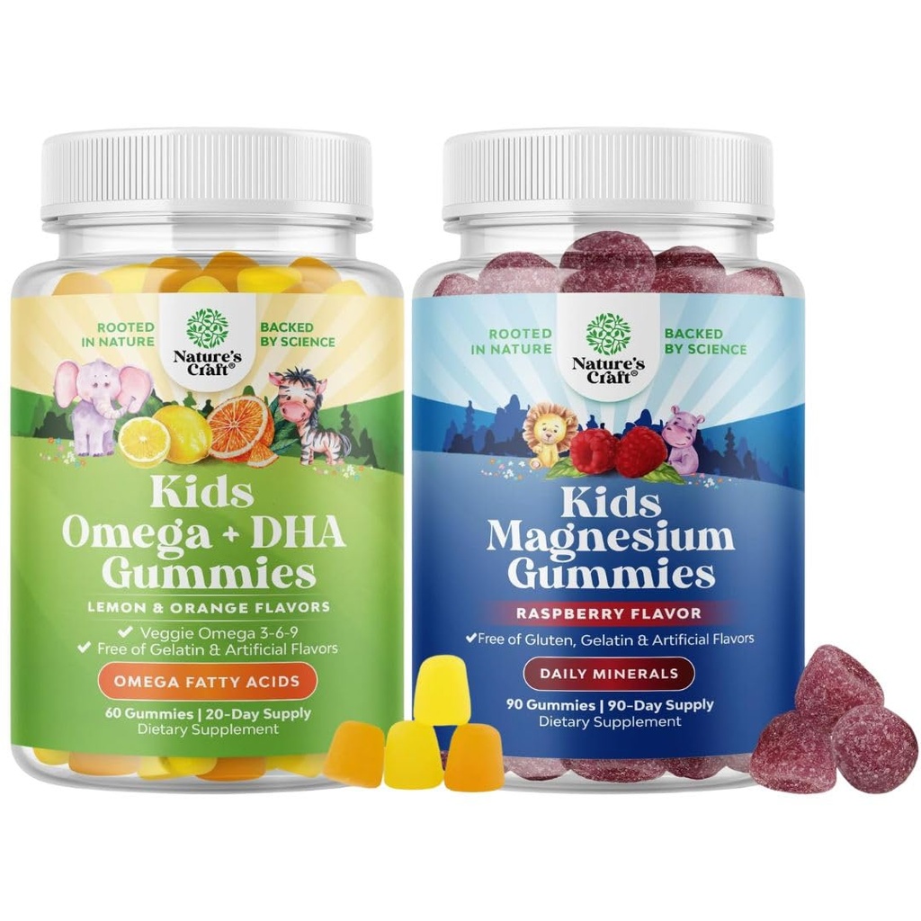 Πακέτο Omega DHA Gummies για τα παιδιά - Λιπαρά Οξέα Ωμέγα 3 6 9 με Βιταμίνη C για τον εγκέφαλο, την ανοσία & την όραση και τα παιδιά Gummies μαγνήσιο - Mag Citrate για τους μυς της υγείας των νεύρων & την υγιή καρδιά Υποστήριξη