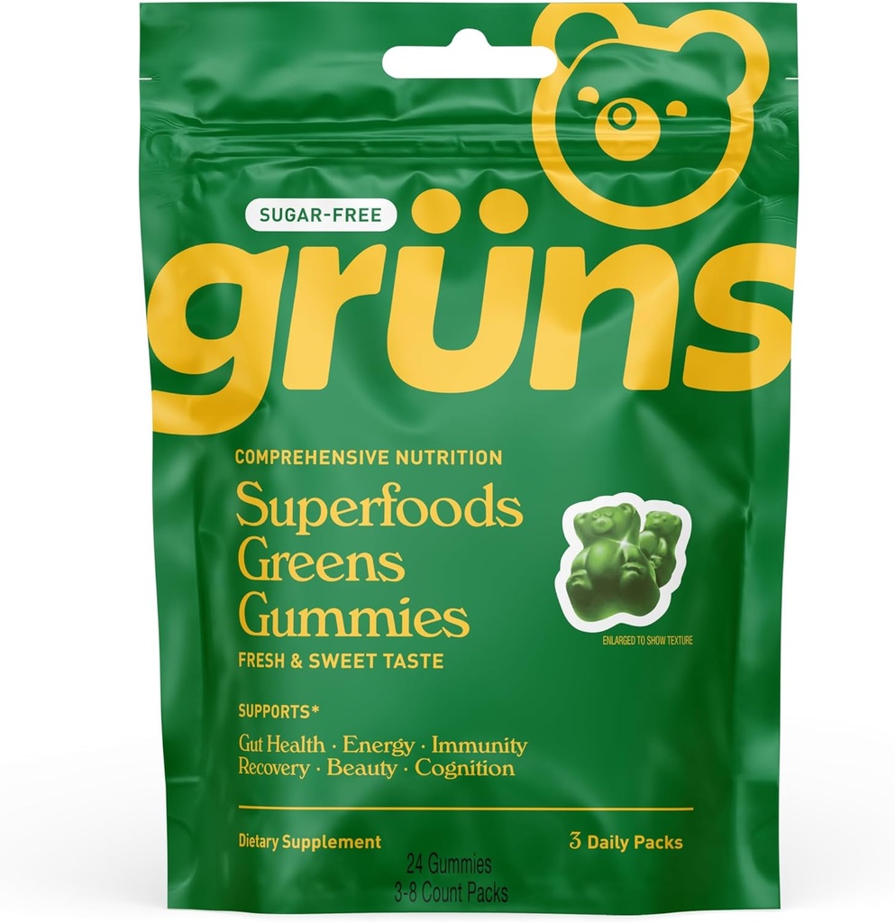 Gruns Sugar Free Super Greens Gummy Bears - Βιολογική Spirulina και Chlorella, Πρεβιοτικά για Digestive Health, 20+ Βιταμίνες και Ορυκτά, Προσαρμοσμένα - 3 φακελάκια - 24 Gummies
