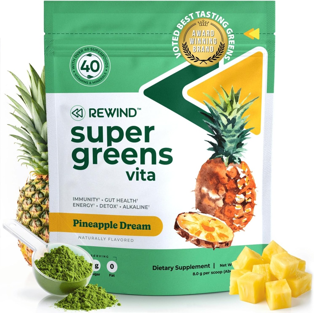 Καλύτερη γεύση Super Greens σκόνη με 40+ Superfoods – Delicious Daily Green σκόνη με βιταμίνη B12, ψευδάργυρο, βιταμίνη C, μαγνήσιο και ασβέστιο – Πράσινο χυμό Superfood Mix - Ανανάς Γεύση