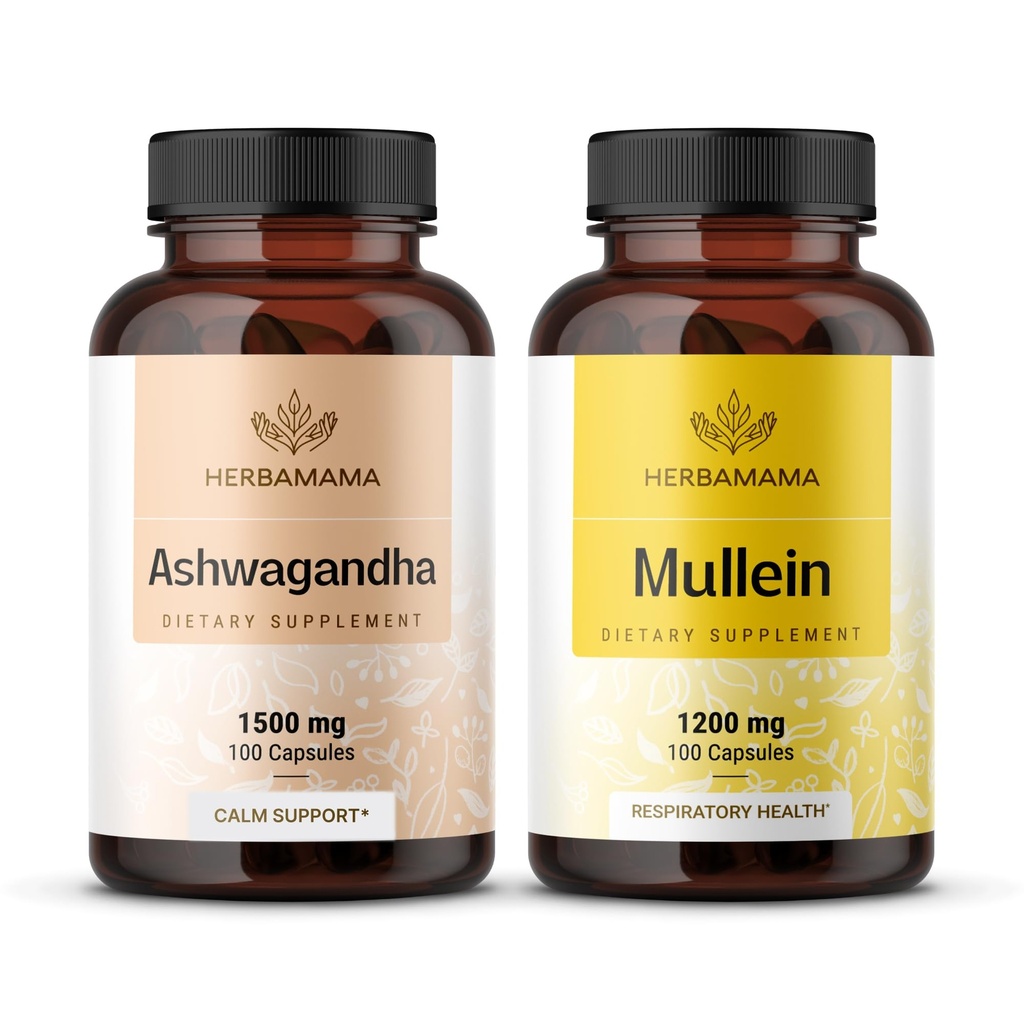 HERBAMAMA Ashwagandha και Mullein Kit - Bundle των 1500 mg Ashwagandha Root & 1200 mg Mullein Leaf Caps 100 Caps - Vegan, μη ΓΤΟ, Ζάχαρη & Αλκοόλ- Δωρεάν - 2 Συσκευασία