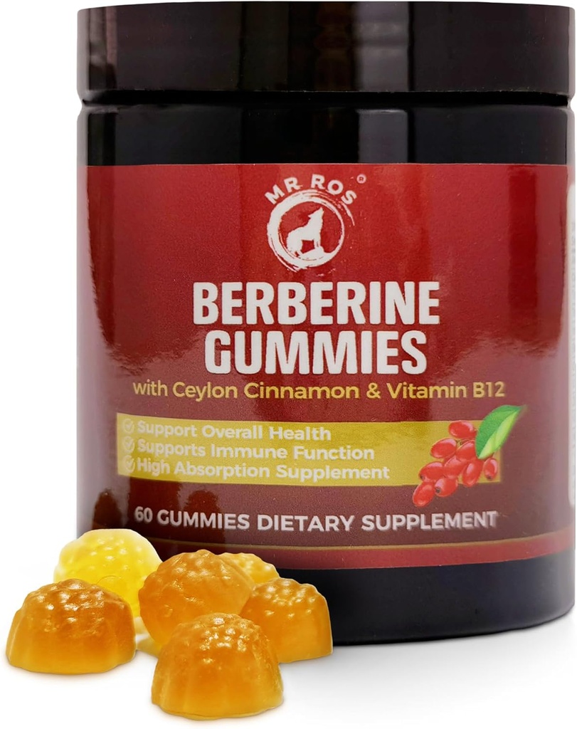 Premium βερβερίνη Gummies 1500mg - Χωρίς ζάχαρη Μεταβολισμός Υποστήριξη με Κεϋλάνη Κανέλα, Χρώμιο, Μαγνήσιο, Ψευδάργυρο & B12-60 Count