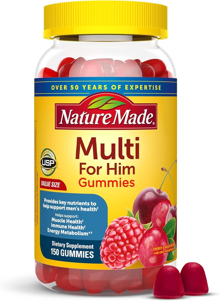 Nature Made Multi for Him, Mens Multivitamins Gummies, Υποστήριξη Μεταβολισμού Ενέργειας, Multivitamin για τους άνδρες, 150 Gummy Βιταμίνες και Ορυκτά, 75 Ημέρα προσφοράς