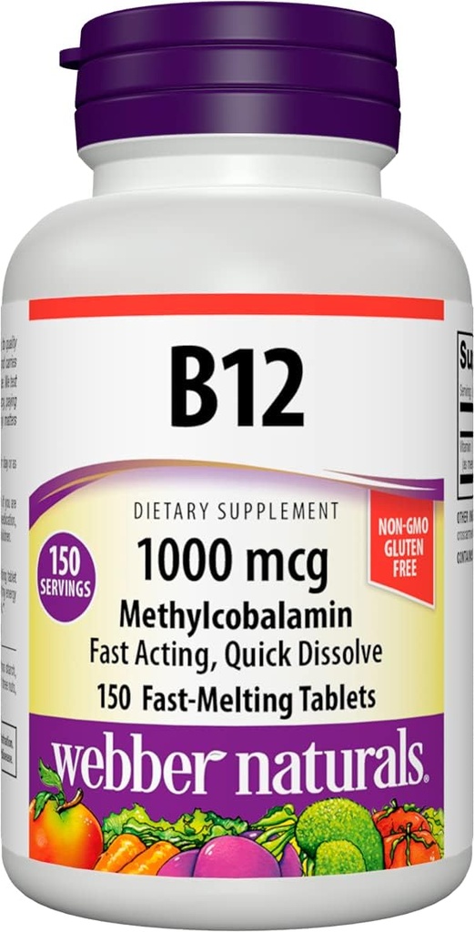 Webber Naturals Βιταμίνη Β12 1000 mcg, 150 mcg, ταχείας διάλυσης δισκία, συμπλήρωμα βιταμίνης Υποστήριξη για την ενέργεια Μεταβολισμός, ανοσοποιητική και καρδιακή υγεία, χορτοφαγική Φόρμουλα, 150 ημέρες προσφοράς