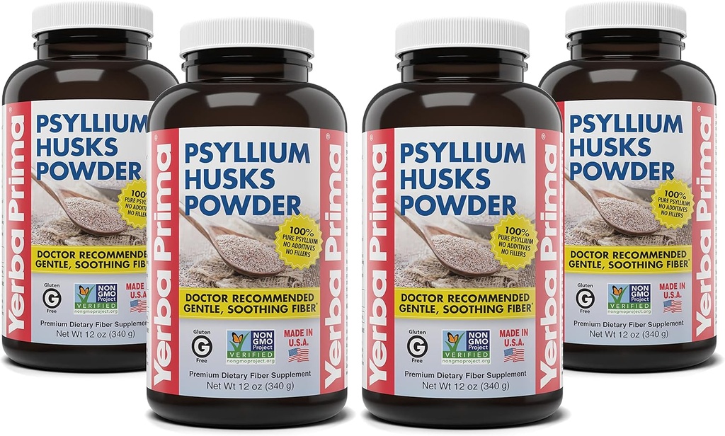 Yerba Prima Psyllium Husks Powder - 12 oz (Pack of 4) - Φυσικό συμπλήρωμα ινών - Καθαρίστε το έντερο - Υγεία κόκκων - Vegan, μη GMO, Χωρίς γλουτένη (New Label - Συσκευασία Μαΐου Vary)