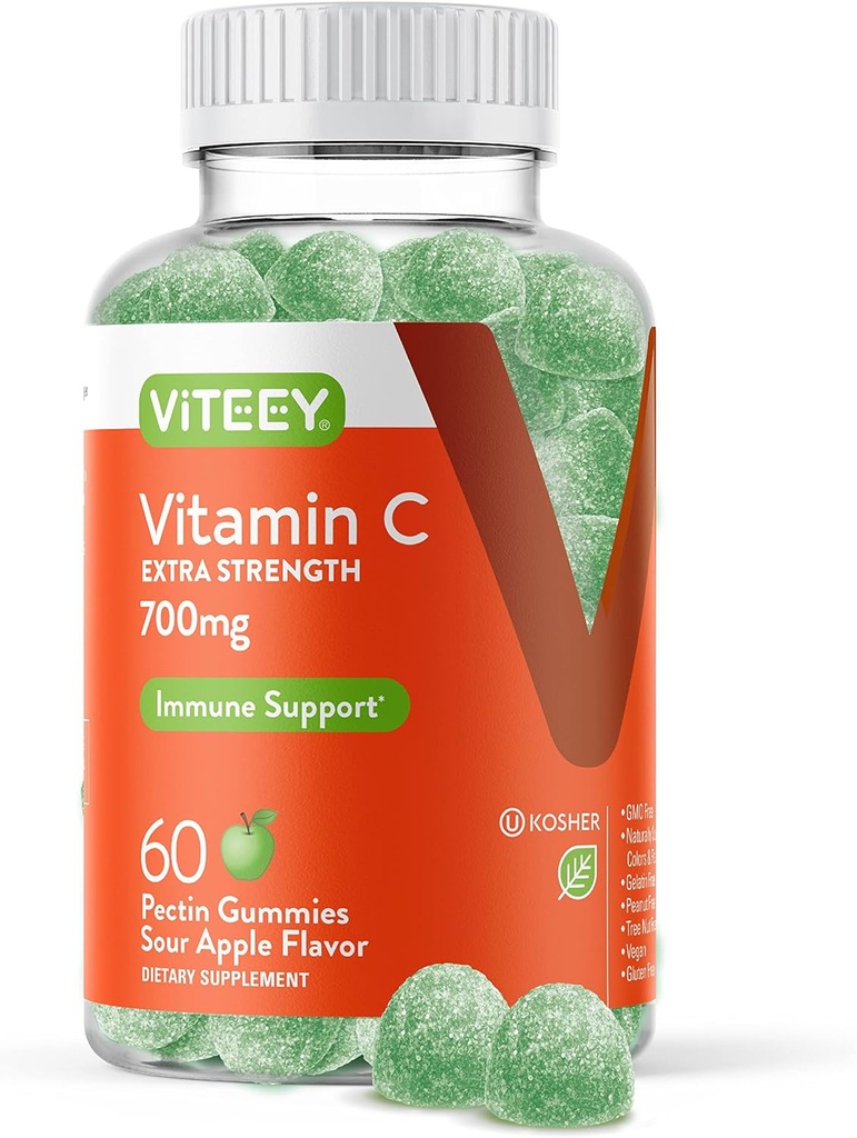 Viteey Chewable Vitamin C Gummies για ενήλικες - 700mg επιπλέον δύναμη συμπλήρωμα υποστήριξης του ανοσοποιητικού - Vegan, Χωρίς γλουτένη - 60 Count