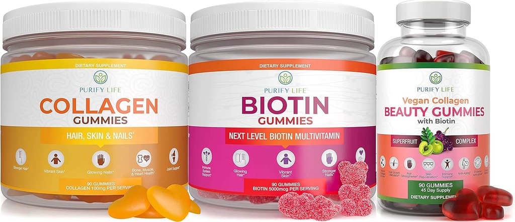 Καθαρίστε τη ζωή Marine Collagen, Biotin, & Vegan Collagen Bundle, Gummies for Hair Skin and Nails (Bulk - 90 Chews), Κοινή Φροντίδα Βιταμίνη, Ανοσολογική Υποστήριξη, Ομορφιά, Detox & Καθαρίστε, Αντικαταστήστε τις κάψουλες, Χάπια