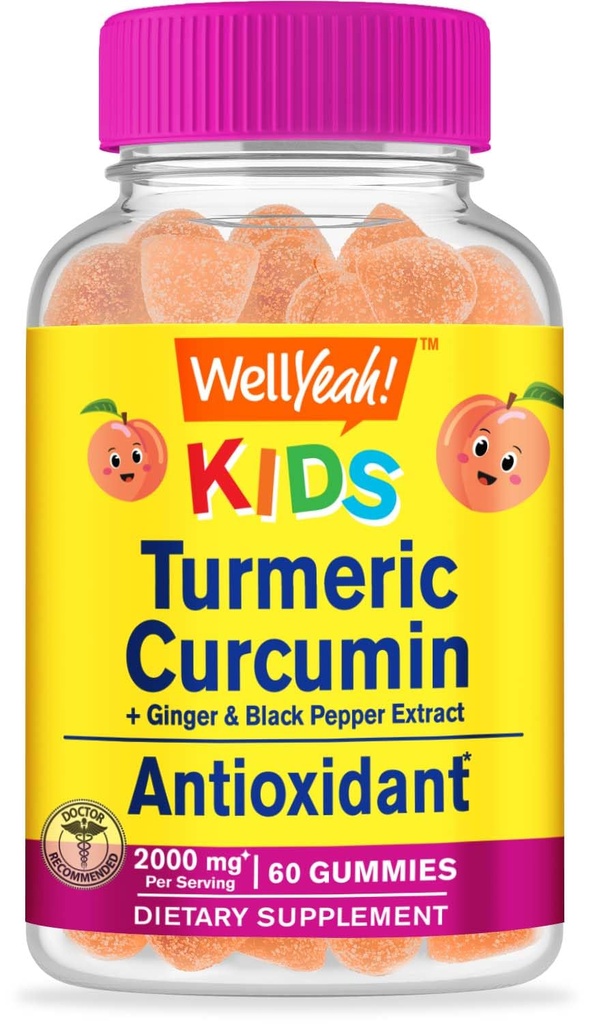 WellYeah Turmeric Curcumin with Black Pepper Gummies for Kids - Φυσική Ανοσολογική Υποστήριξη, Κοινή και Μυική Υγεία, Digestive Υγεία, και λειτουργία του εγκεφάλου - Μη-GMO, Vegan, Χωρίς Γλουτένη - 60 κόμης