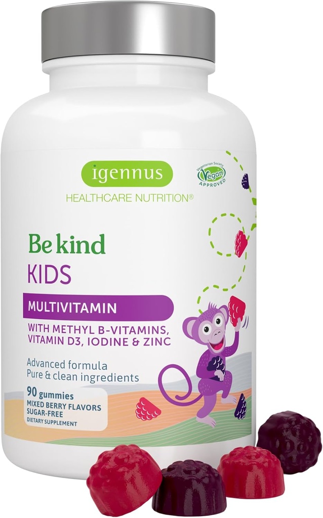 Igennus Methylated Kids Multivitamin Gummy, MTHFR, No Artificial Sweeteners or Flavors, Sugar Free, Age 4+, 90 Natural Berry Flavor Gummies from Fruit Powder, Non-GMO, Halal, Clean Label