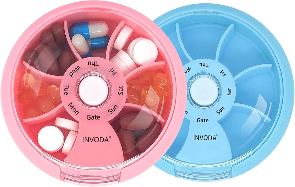 INVODA Weekly Pill Organizer 7 Διαμέρισμα Περιστρεφόμενο Χάπι Κουτί για Καθημερινή Φάρμακα & Βιταμίνες - Φορητή Περιπτωσιολογική Υπόθεση Χάπια Ψαρέλαιο Συμπληρώματα Βιταμίνες Οργανωτής (Pink+Blue)
