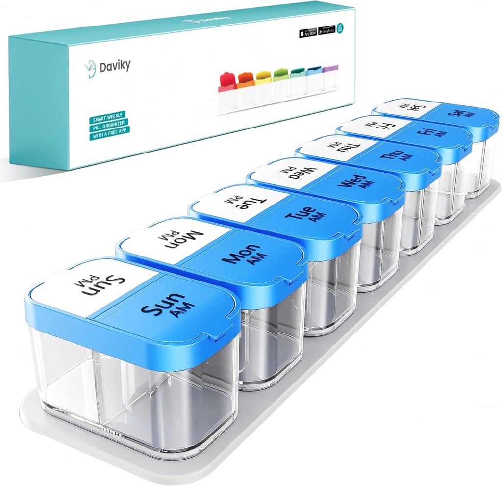 Daviky Large Pill Organizer 2 Times a Day - XL Pill Box 7 Day, Big Vitamin Holder with 7 Detachable AM/PM Compartments, Big Supplement Container for Weekly or Daily Use (Blue)