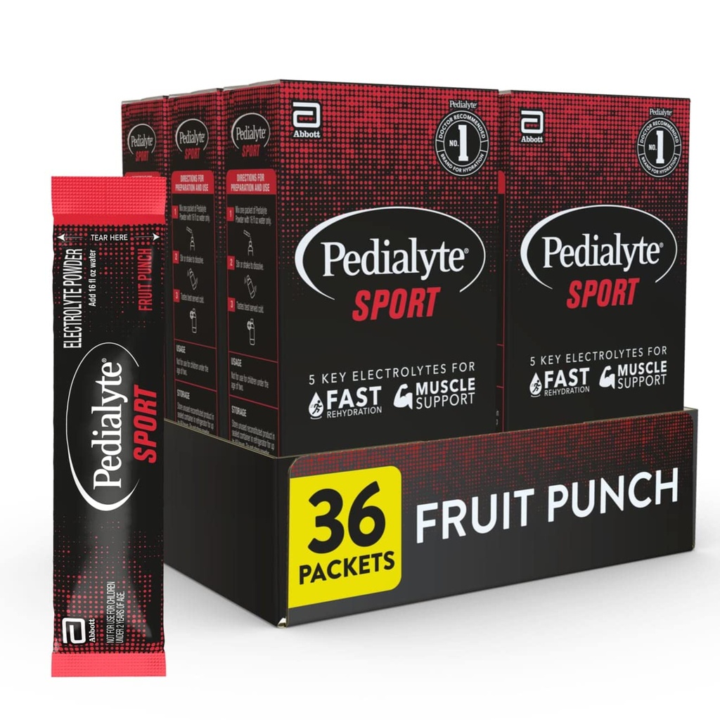 Pedialyte Sport Ηλεκτρολυτική σκόνη, γρήγορη ενυδάτωση με 5 βασικούς ηλεκτρολύτες για την υποστήριξη μυών πριν, κατά τη διάρκεια, & μετά την άσκηση, Punch φρούτων, 0.49 Oz Sachets 6 Count (Pack of 6)
