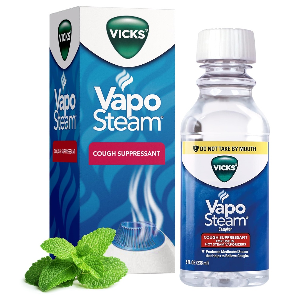 Vicks VapoSteam Medicated Liquid with Camphor, a Cough Suppressant, Helps Relief Coughing, for Use in Vicks Vaporizers and Humidifiers, 8 Oz