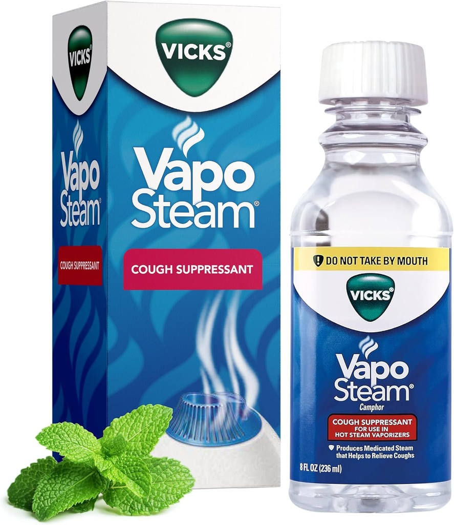 Vicks VapoSteam Medicated Liquid with Camphor, a Cough Suppressant, Helps Relieve Coughing, for Use in Vicks Vaporizers and Humidifiers, 8 Oz