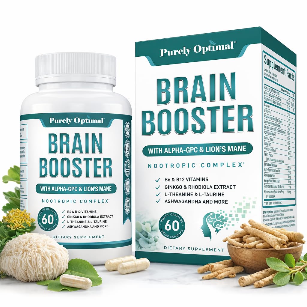 Αμιγώς Βέλτιστο Εγκέφαλο Booster Nootropic συμπλήρωμα – Εγκεφαλική Υποστήριξη για τη Μνήμη, Εστίαση, Καθαρότητα, Jitter-Free Ενέργεια για Ενήλικες, Seniors– με Ginkgo Biloba, Alpha GPC, Mane Lion’s - 60 Κάψουλες