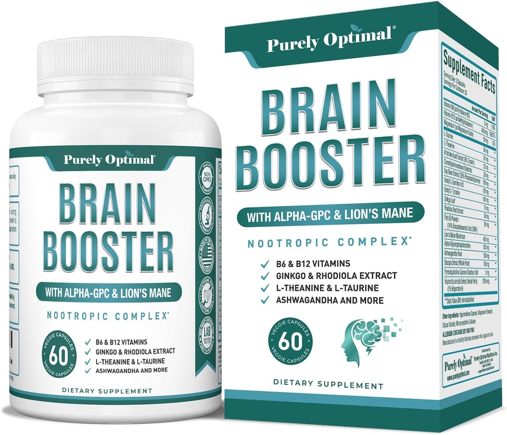 Αμιγώς Βέλτιστο Εγκέφαλο Booster Nootropic συμπλήρωμα – Εγκεφαλική Υποστήριξη για τη Μνήμη, Εστίαση, Καθαρότητα, Jitter-Free Ενέργεια για Ενήλικες, Seniors– με Ginkgo Biloba, Alpha GPC, Mane Lion’s - 60 Κάψουλες