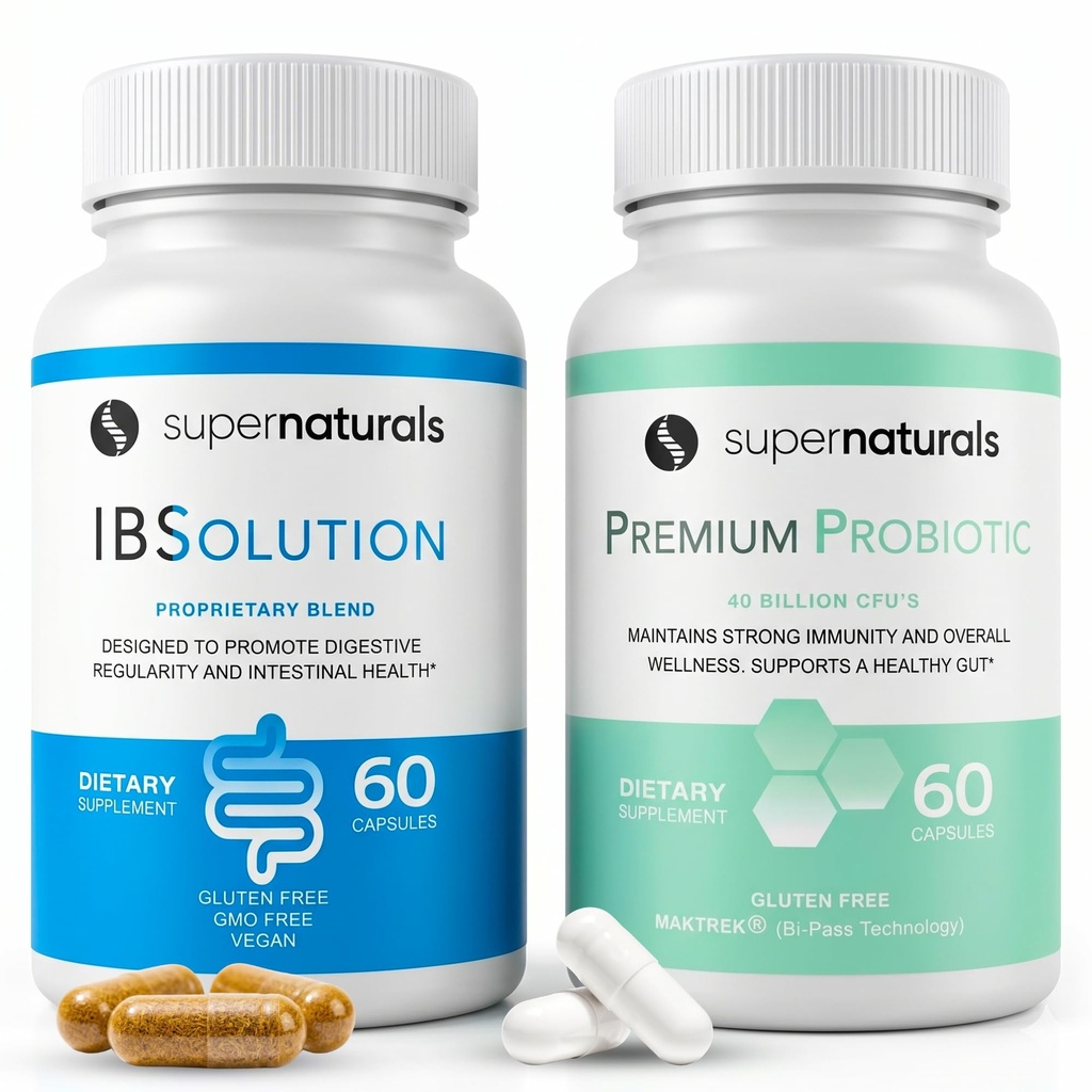IBSolution Gut Health Bundle - Όλα τα φυσικά έντερα Υγεία Υποστήριξη & Premium Probiotics w/ 40 δισεκατομμύρια CFU για την υποστήριξη των ακανόνιστων Bowels, Bloating, δυσκοιλιότητα, αέριο, κοιλιακό άλγος - 2 πακέτα (120 Caps)