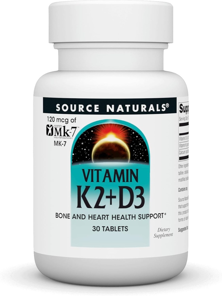 Πηγή Naturals Βιταμίνη K2 + D3 Σύμπλεγμα για την υγεία των οστών και της καρδιάς - με βιταμίνη D3, βιταμίνη K2 (MK-7) και ασβέστιο - 30 δισκία