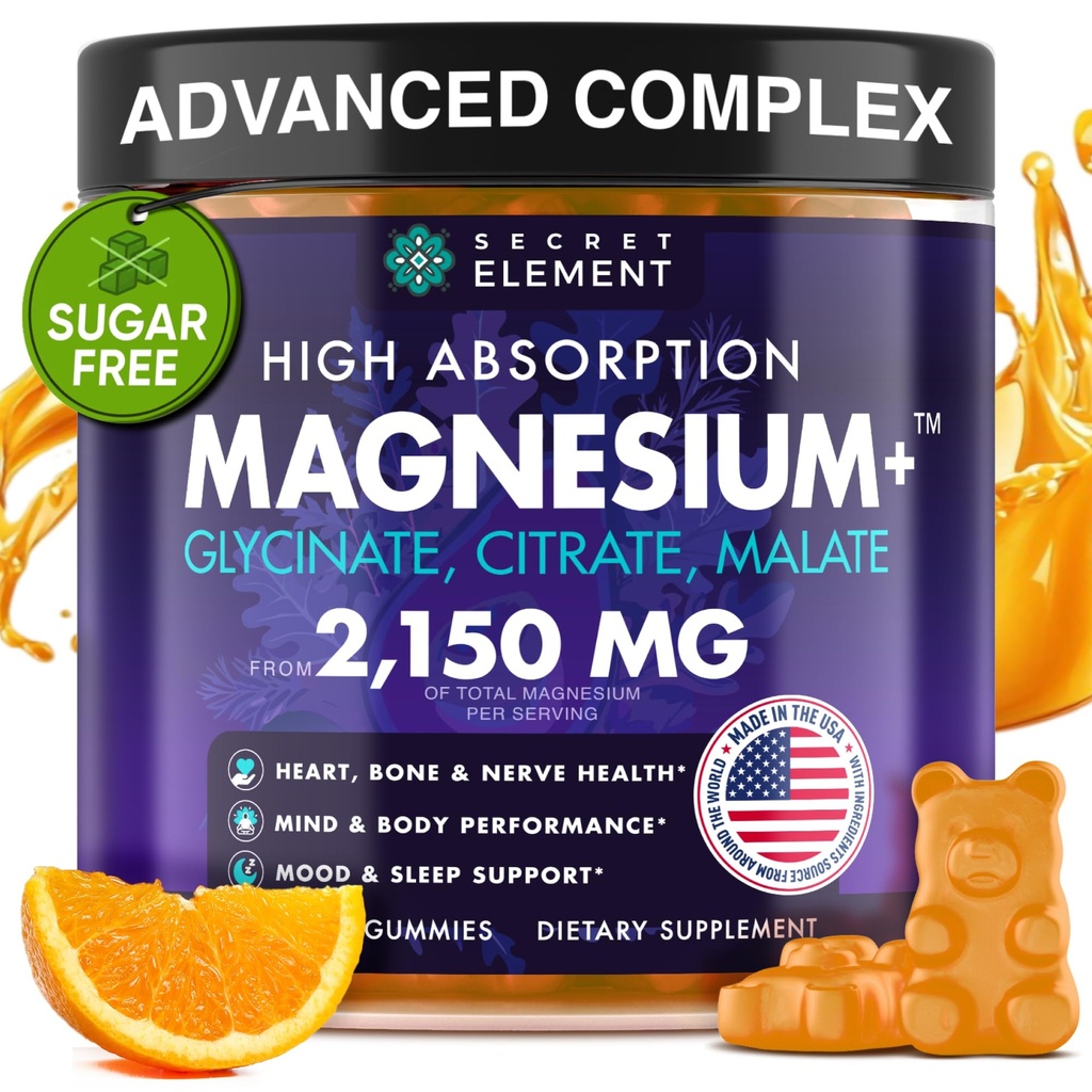 Γλυκινικό μαγνήσιο 2150MG Gummies για γυναίκες και άνδρες, Υψηλής Απορρόφησης Γλυκινικό μαγνήσιο, Κιτρικό, Μηλεϊνό Gummies για ενήλικες & παιδιά, Υποστήριξη ύπνου, Χωρίς ζάχαρη, Vegan, 60 μάσημα, Πορτοκαλί