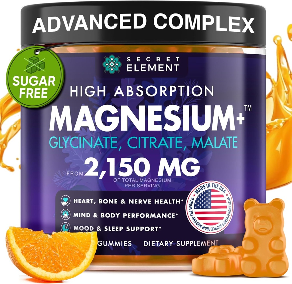 Γλυκινικό μαγνήσιο 2150MG Gummies για γυναίκες και άνδρες, Υψηλής Απορρόφησης Γλυκινικό μαγνήσιο, Κιτρικό, Μηλεϊνό Gummies για ενήλικες & παιδιά, Υποστήριξη ύπνου, Χωρίς ζάχαρη, Vegan, 60 μάσημα, Πορτοκαλί