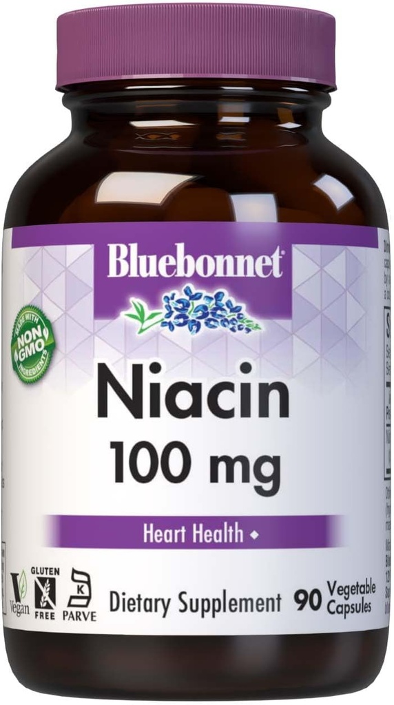 Bluebonnet Niacin 100mg Βιταμίνη Β3 Νικοτινικό οξύ - Υποστήριξη για την υγεία της καρδιάς για γυναίκες και άνδρες* - Μη-ΓΤΟ, Vegan, Kosher, Χωρίς γλουτένη, Χωρίς σόγια, χωρίς γαλακτοκομικά συμπληρώματα νιάκι - 90 κάψουλες λαχανικών