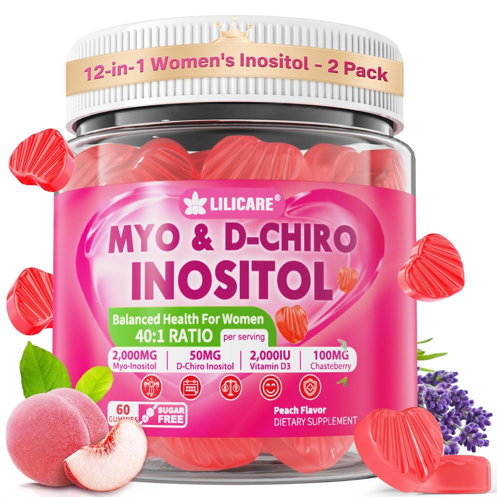 Ινοσιτόλη Gummies για γυναίκες + Chasteberry, Myo-Inositol & D-Chiro Inositol 2000mg + 50mg Ιδανικό 40:1 Ratio με μεθυλιωμένο B12 & Folate, Χολίνη, Μαγνήσιο, Βιταμίνη D3 για τη συνολική υγεία, Συσκευασία των 2