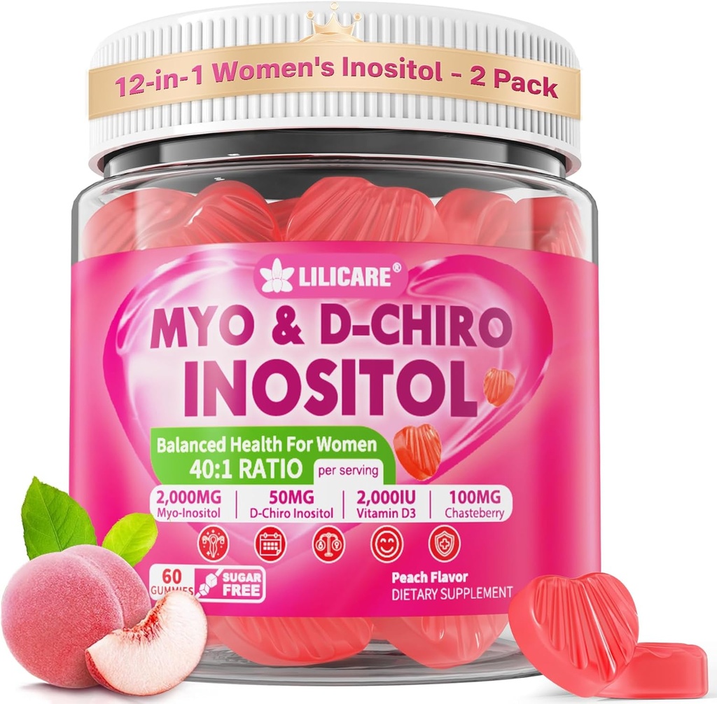 Ινοσιτόλη Gummies για γυναίκες + Chasteberry, Myo-Inositol & D-Chiro Inositol 2000mg + 50mg Ιδανικό 40:1 Ratio με μεθυλιωμένο B12 & Folate, Χολίνη, Μαγνήσιο, Βιταμίνη D3 για τη συνολική υγεία, Συσκευασία των 2