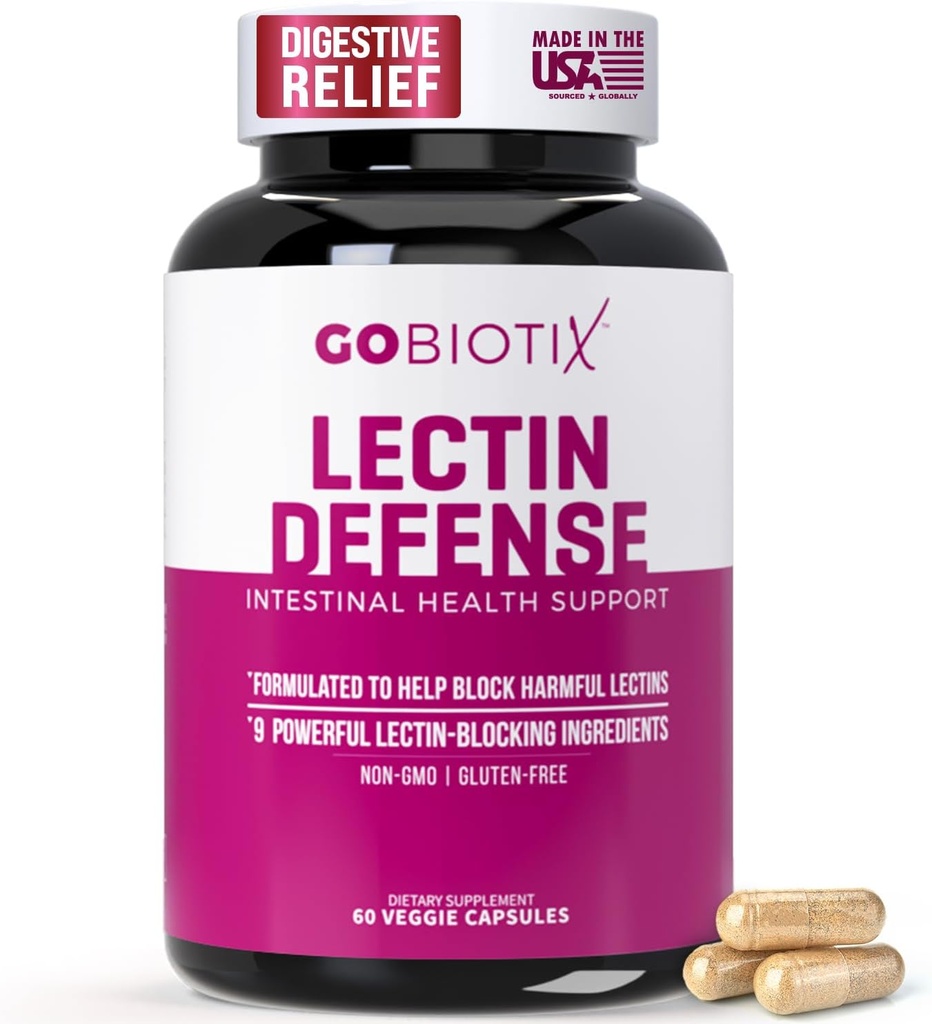 GOBIOTIX Lectin Defense - Lectin Blocker Supplement for Leaky Gut with MSM and Digestive Enzymes - Aids in Enternal Health for Women and Men - Non-GMO + Gluten Free - 60 Κάψουλες (1)