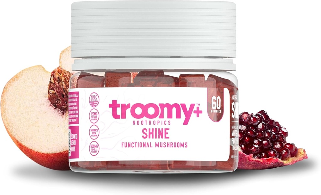 Troomy All Natural Beauty Shine Tremella Mushroom Gummies – Contains Biotin & Collagen That Supports Hair, Skin, & Nail Growth – Great Tasting Pomegranate White Peach Flavor – 60 Count