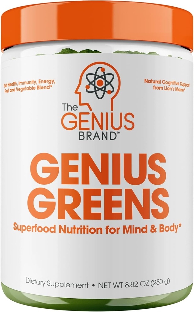 The Genius Brand Genius Greens - Greens Powder for Healthy Mind & Immunity Support - Βιολογικά Λαχανικά, Μύρτιλλα & Λάιον - Βολικό Μείγμα Ποτού - Ευχάριστη Γεύση - 20 Μερίδες