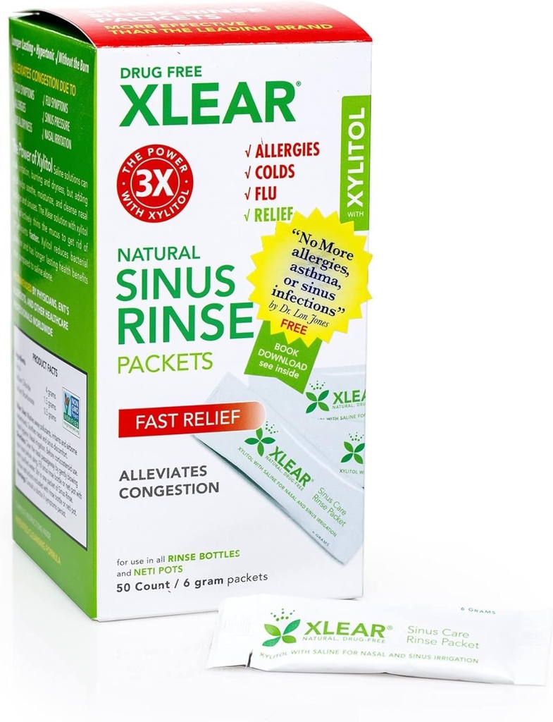 Xlear Natural Xylitol Sinus Rinus Rinse Refill, Neti Pot Saline Packets - Καθαριστικό μύτης για γρήγορη πίεση και ανακούφιση της συμφόρησης, Λειτουργεί με τα περισσότερα συστήματα Nasνικής άρδευσης, 50 Count (Pack of 1)