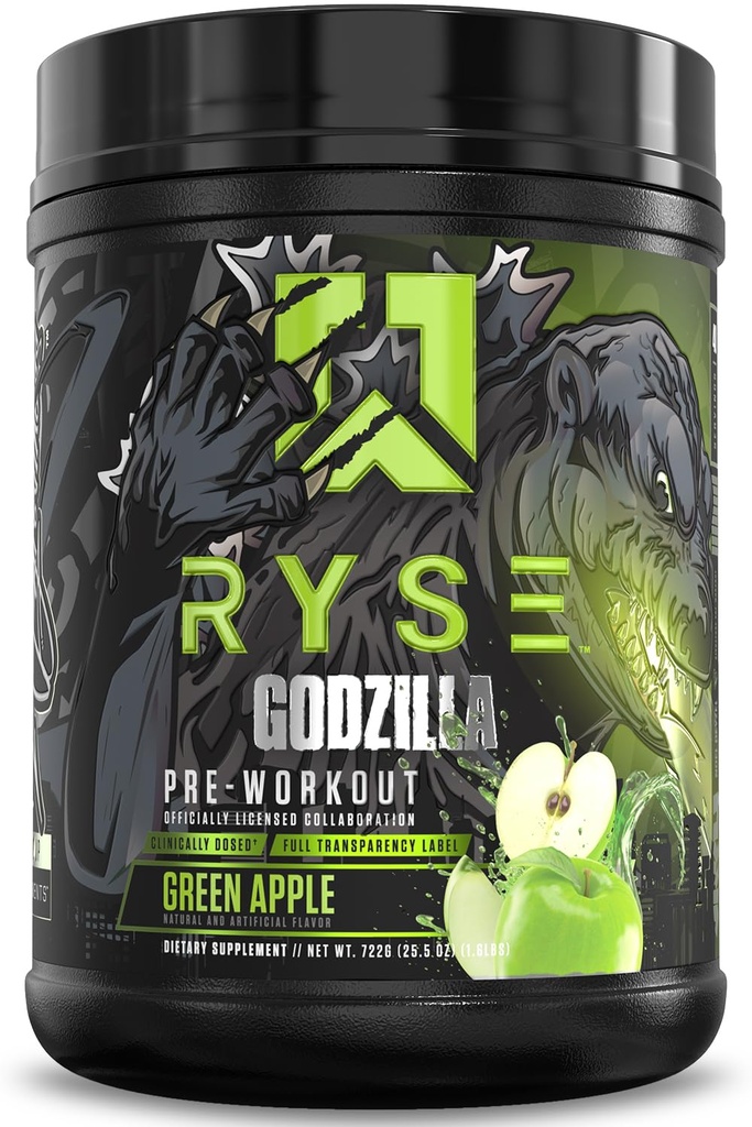RYSE Godzilla X Noel Deyzel Pre Workout Powder - Green Apple - 400mg καφεΐνη, High Stim Pre-Women Προ-Women με κιτρουλίνη & Beta Alanine - Ενέργεια, Αντλία & Εστίαση - 20/40 Υπηρεσίες