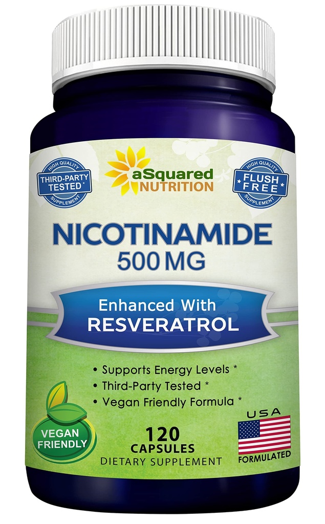 aSquared Nutrition Νικοτιναμίδη με ρεσβερατρόλη - 120 κάψουλες Veggie - Βιταμίνη B3 500mg (Niacinamide Flush Free) - Συμπληρώματα Χάπια για την υποστήριξη NAD, Skin Cell Health & Energy