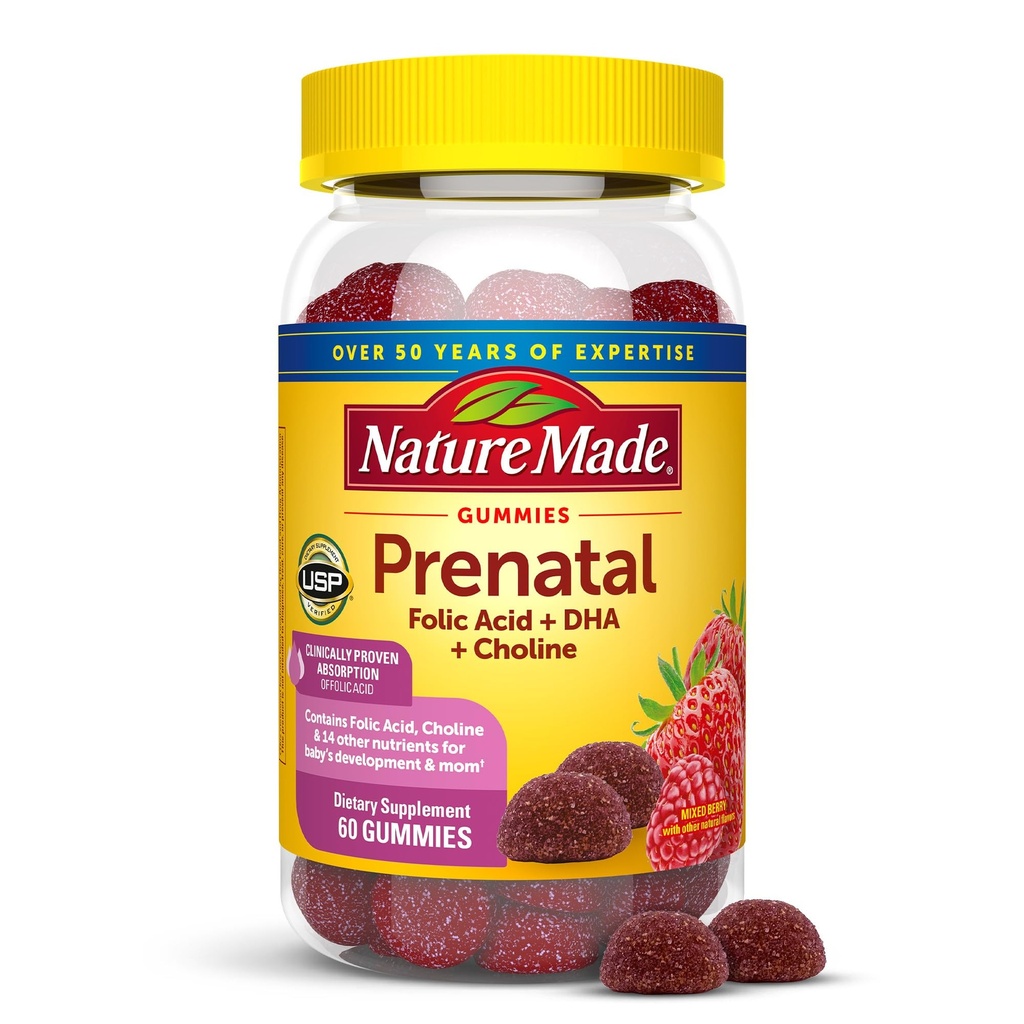Φύση Κατασκευασμένη Προγεννητικά Gummies με DHA και φολικό οξύ, προγεννητική βιταμίνη και συμπλήρωμα ορυκτών για την καθημερινή διατροφή, 60 Gummies, 30 ημέρες προσφοράς