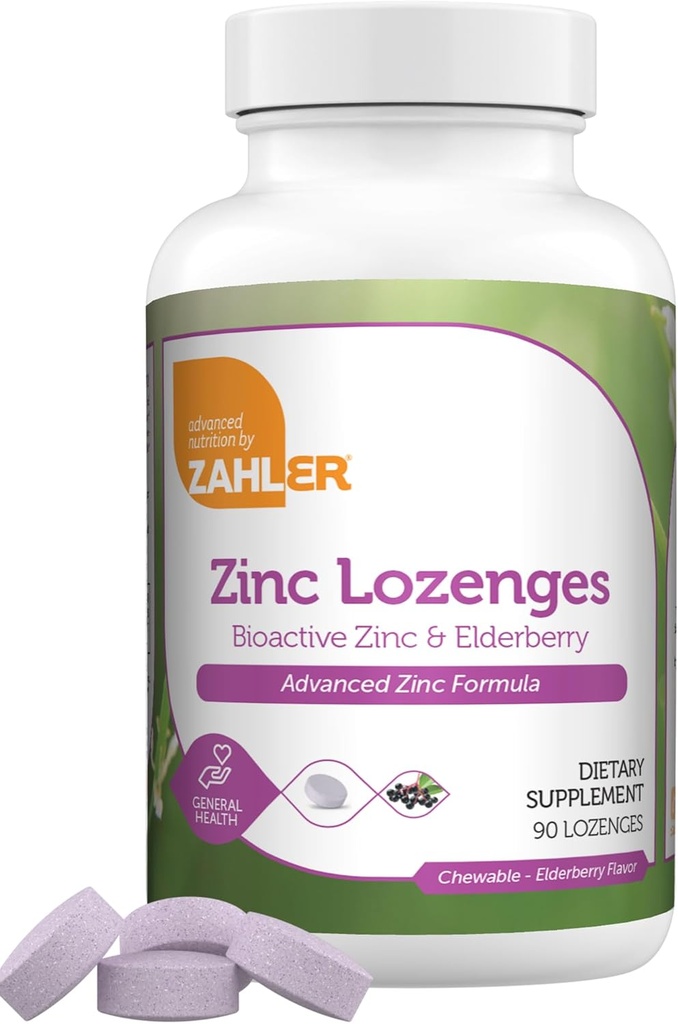 Zahler Elderberry Zinc Lozenges for Adults & Kids - Νοστιμότατο μασώμενο ψευδάργυρο & Sambucus Elderberry Lozenges for Immune Support - Kosher, Made in USA - Συμπληρώματα ψευδαργύρου για άνδρες και γυναίκες (90 Count)