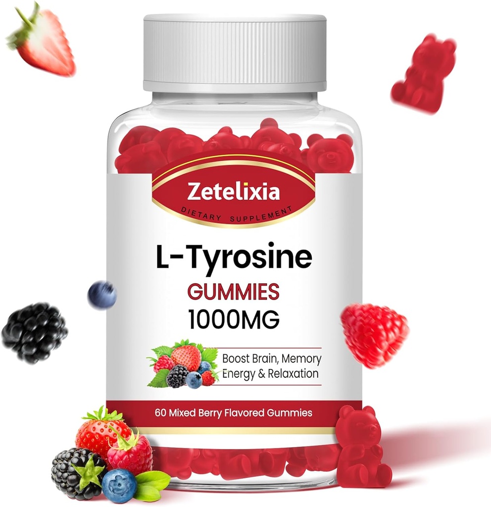 L Tyrosine Gummies 1000mg, L-Θεανίνη συμπλήρωμα Gummy 200mg, Ζάχαρη Δωρεάν L-Τυροσίνη με βιταμίνη Β6 Ενεργειακά συμπληρώματα για ενήλικες & παιδιά - Vegan (60 Count)