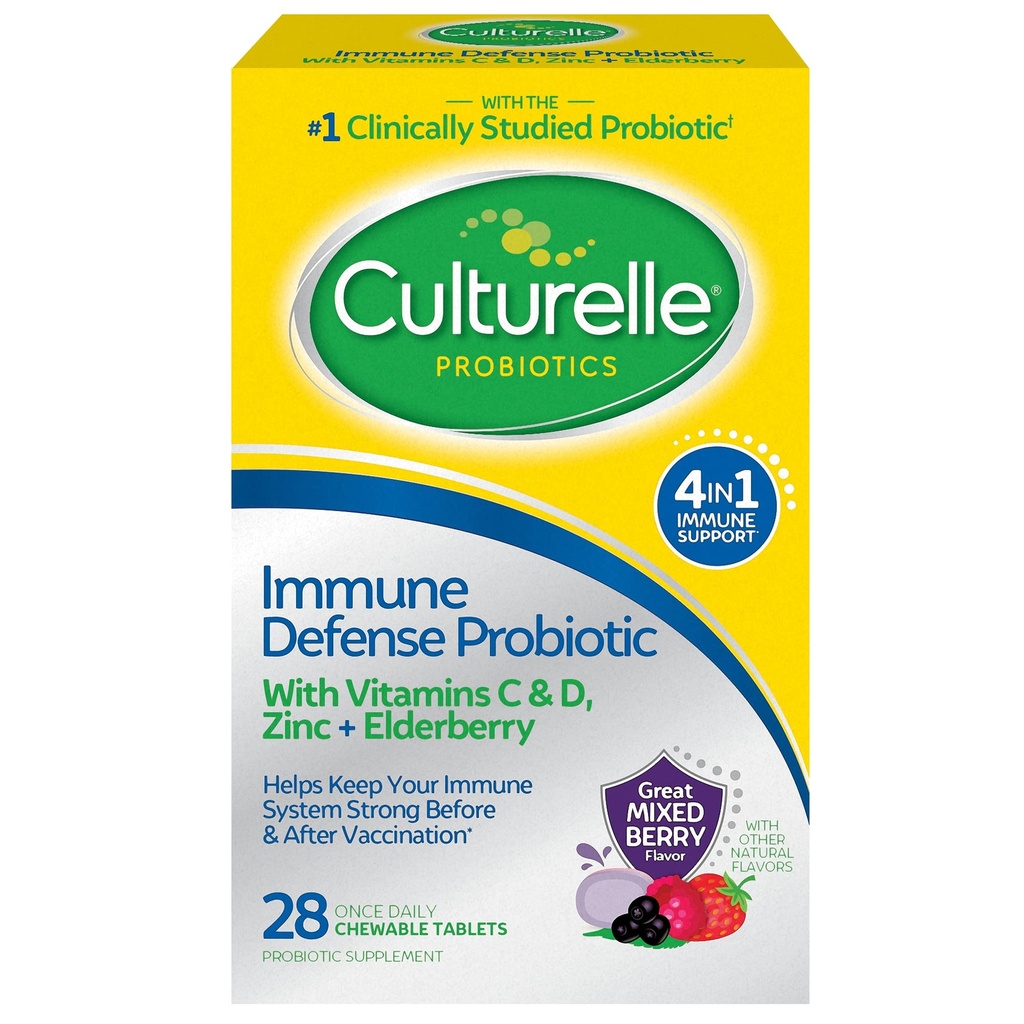 Culturelle Immune Defense Daily Probiotic for Women & Men - 28 Count, Mixed Berry Chewables with 4-in-1 Immune Support. Προβιοτική βιταμίνη C, βιταμίνη D και ψευδάργυρος Plus Elderberry