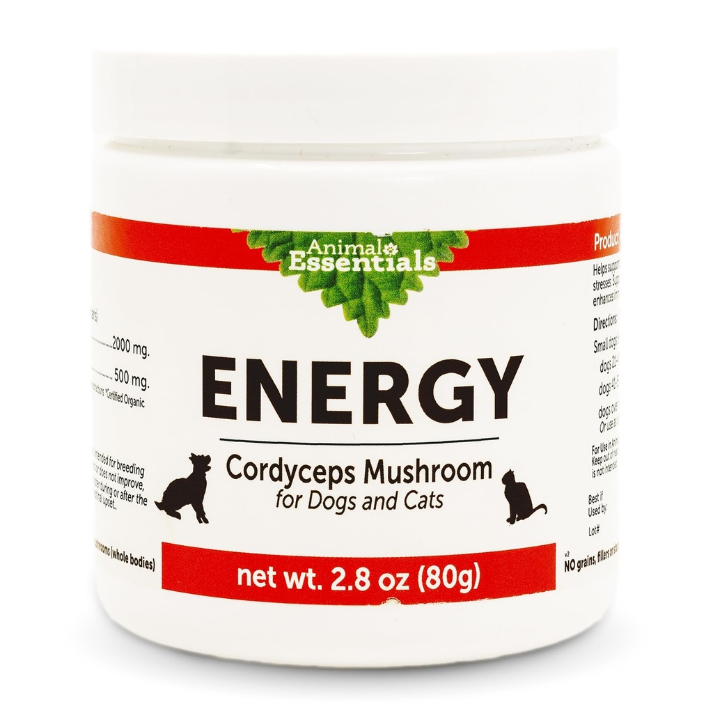 Animal Essentials Energy Cordyceps Mushroom Supplement for Dogs & Cats - Υποστήριξη Σταμίνα & Αντοχή, Υγιεινές λειτουργίες αναπνευστικού & νεφρού, Αντιοξειδωτικό, Mushroom Powder Extract - 2.8 Oz (πακέτο του 1)