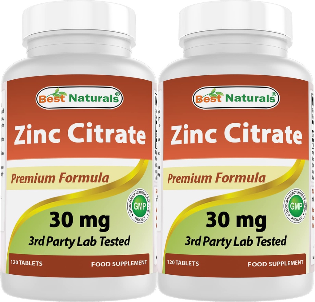 Best Naturals Ψευδάργυρος 30mg Συμπληρώματα (ως κιτρικός ψευδάργυρος) - Βιταμίνες ψευδαργύρου για Ενήλικες Ανοσοποιητική Υποστήριξη - 120 δισκία (120 Count (Pack of 2))