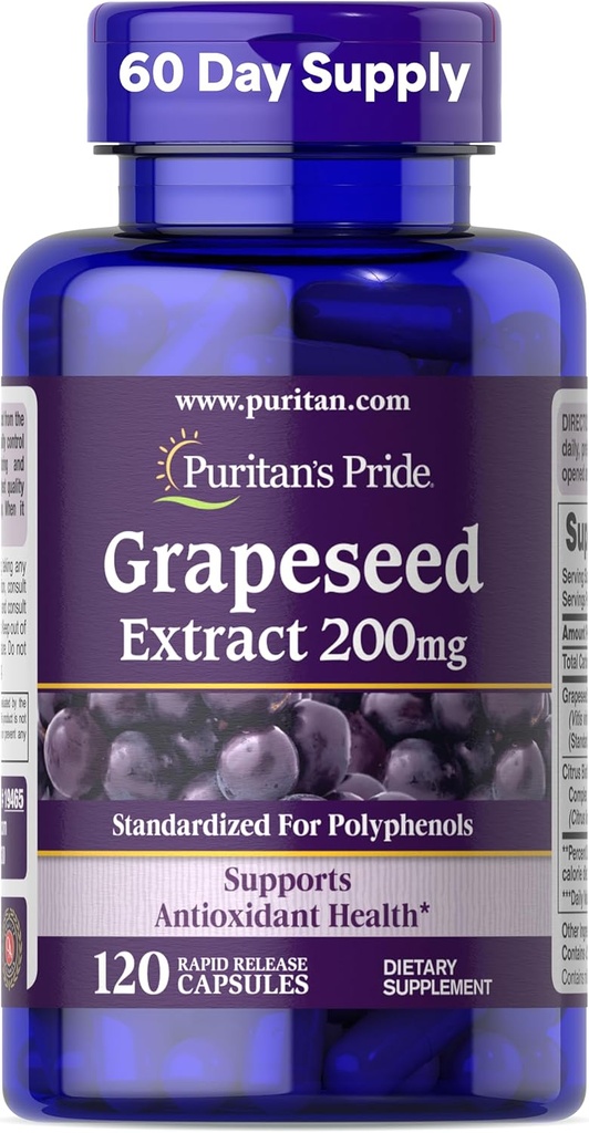 Puritan's Pride Grapeseed Extract 200mg, Συμπλήρωμα διατροφής για την υποστήριξη της αντιοξειδωτικής και καρδιακής υγείας, 2 μήνες προσφοράς, 120 κάψουλες ταχείας απελευθέρωσης