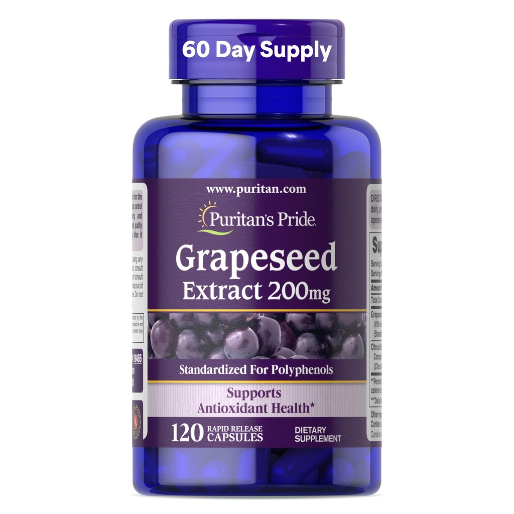 Puritan's Pride Grapeseed Extract 200mg, Dietary Supplement for Antioxidant and Heart Health Support, 2 Month Supply, 120 Rapid Release Capsules